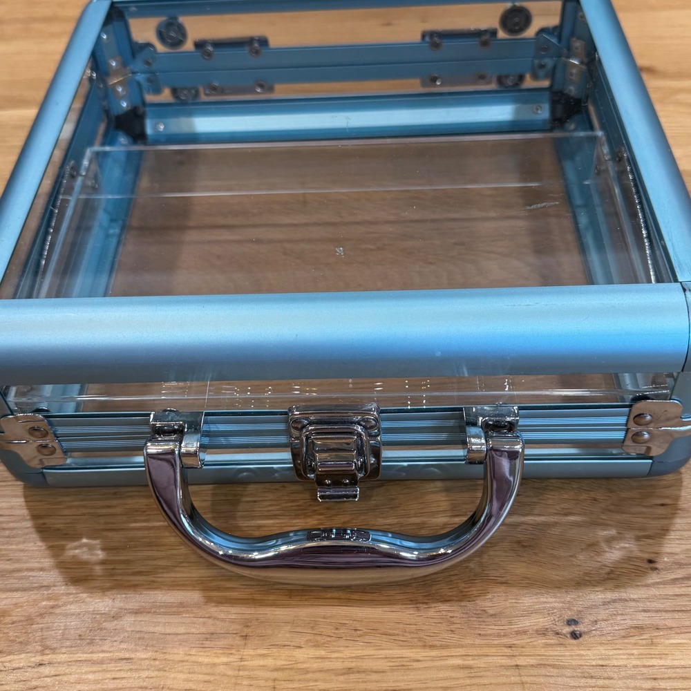 Clear Acrylic Makeup Train Case Blue Aluminum Frame Cantilever Tray Organizer - Picture 7 of 7
